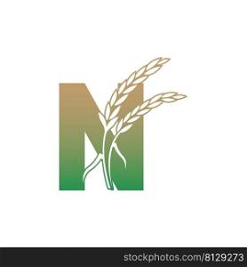 Letter N with rice plant icon illustration template vector