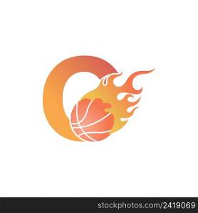 Letter O with basketball ball on fire illustration vector