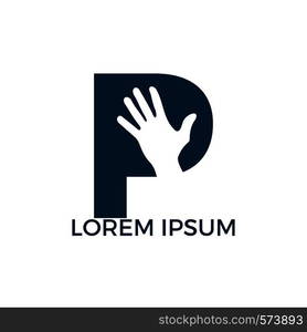 Letter P and Human hand vector logo design. Business offer or partnership symbol. Hope or help concept. Support and teamwork sign.