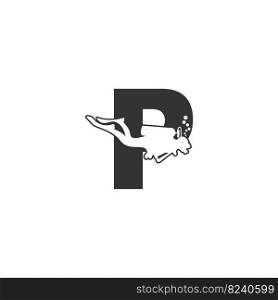 Letter P and someone scuba, diving icon illustration template