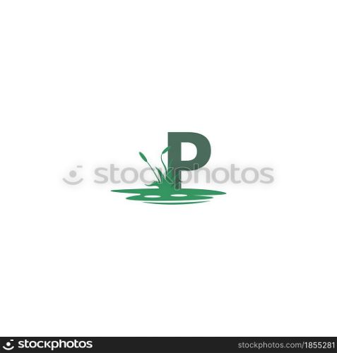 letter P behind puddles and grass template illustration