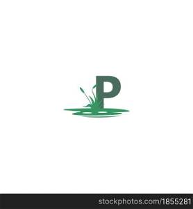 letter P behind puddles and grass template illustration