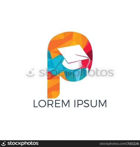Letter P education logo vector illustration template. Graduation cap with letter P vector logo concept illustration.
