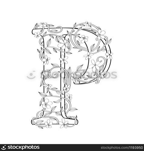 Letter P floral sketch over white background