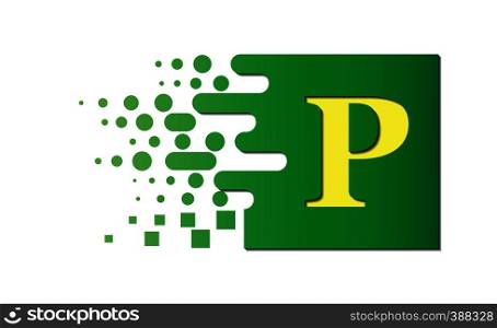 Letter P on a colored square with destroyed blocks on a white background