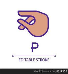 Letter P sign in ASL pixel perfect RGB color icon. System of nonverbal communication. Gesturing. Isolated vector illustration. Simple filled line drawing. Editable stroke. Arial font used. Letter P sign in ASL pixel perfect RGB color icon