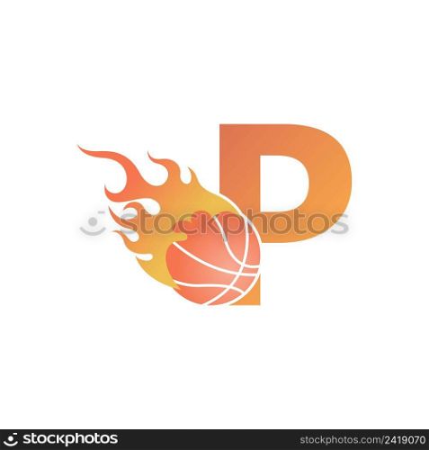 Letter P with basketball ball on fire illustration vector
