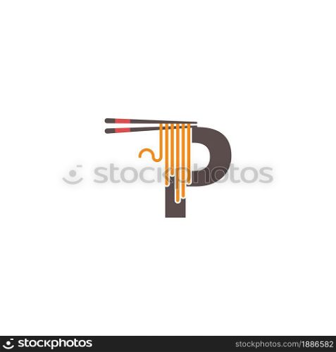 Letter P with chopsticks and noodle icon logo design template
