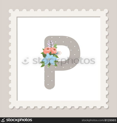 Letter P with flowers. Floral alphabet font uppercase