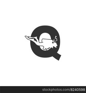Letter Q and someone scuba, diving icon illustration template