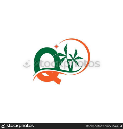 Letter Q blends with coconut trees by the beach at night template