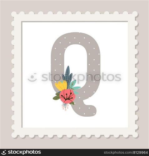 Letter Q with flowers. Floral alphabet font uppercase