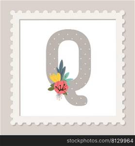 Letter Q with flowers. Floral alphabet font uppercase