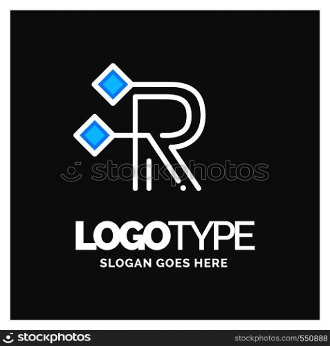 Letter R logo, Business corporate logo design vector. Blue and White Logo over Gray background. digital letter icon template for technology. Square shape, Colorful, Technology and digital abstract dot connection. Blue and white Color logo design 100% Editable Template.