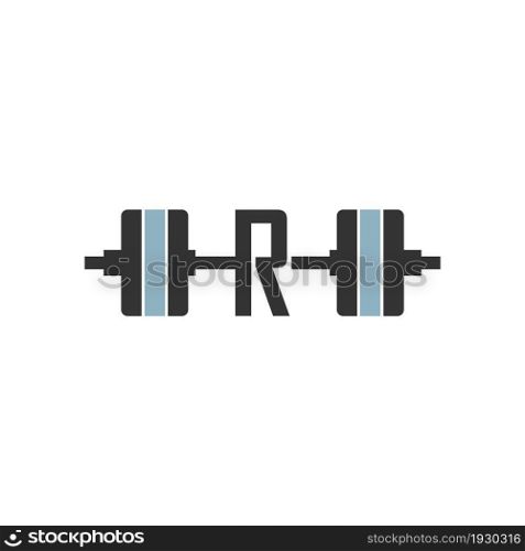 Letter R with barbell icon fitness design template vector