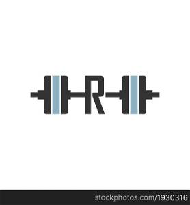 Letter R with barbell icon fitness design template vector