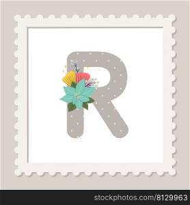 Letter R with flowers. Floral alphabet font uppercase