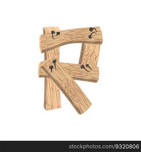 letter R wood board font. plank and nails alphabet. Lettering of boards. Country chipboard ABC