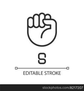Letter S in American sign language pixel perfect linear icon. Fist gesture. Communication modality. Thin line illustration. Contour symbol. Vector outline drawing. Editable stroke. Arial font used. Letter S in American sign language pixel perfect linear icon