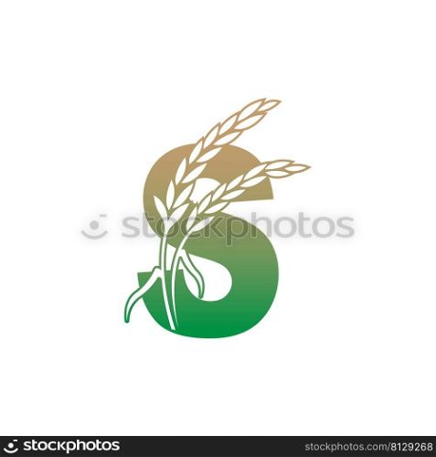 Letter S with rice plant icon illustration template vector