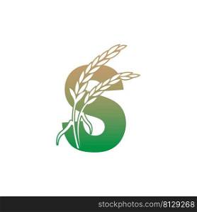 Letter S with rice plant icon illustration template vector