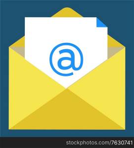 Letter symbol, paper with email sign in yellow envelope. Writing online, modern technology of workstation, poster or report, element of broker. Vector illustration in flat cartoon style. Paper in Cover, Email Sign, Letter Online Vector