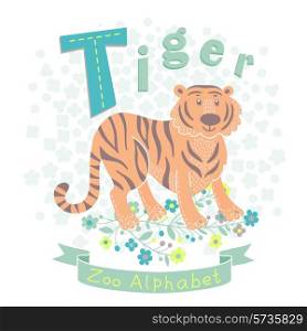 Letter T - Tiger. Alphabet with cute animals. Vector illustration.