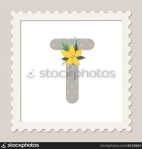 Letter T with flowers. Floral alphabet font uppercase