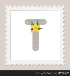 Letter T with flowers. Floral alphabet font uppercase
