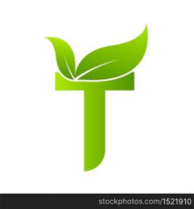 Letter t with leaf element, Ecology concept.