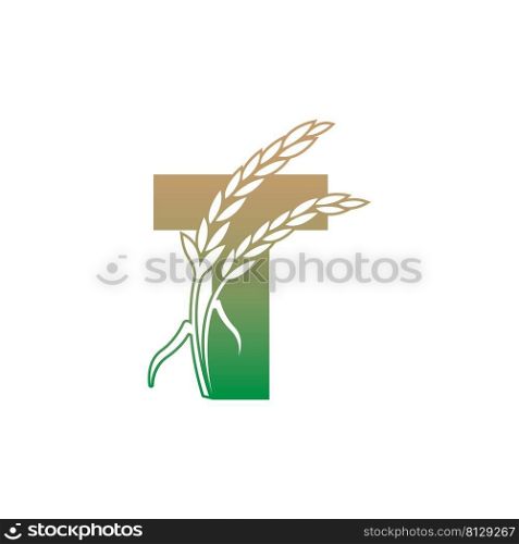 Letter T with rice plant icon illustration template vector