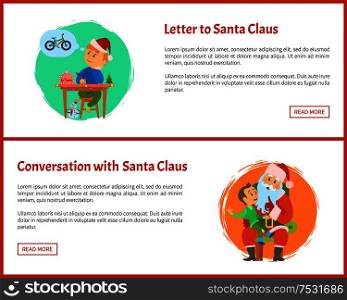 Letter to Saint Nicholas and conversation with Santa Claus vector posters, Christmas web posters, text sample. Boy tells about dreams and writes mail. Letter to Saint Nicholas, Conversation with Santa