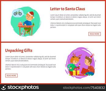 Letter to Santa Claus and Unpacking gifts web posters. Christmas holidays, children opening presents vector. Web pages boy writing mail, kids and boxes. Letter to Santa Claus and Unpacking Gifts Web