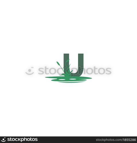 letter U behind puddles and grass template illustration