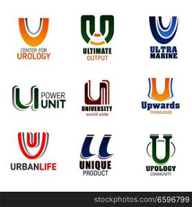 Letter U icons for design in urology medicine, energy and power industry or university education and ufology science. Vector letter U symbols for business, technology or sport and clinic. Letter U icons and symbols business design
