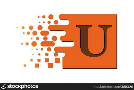 Letter U on a colored square with destroyed blocks on a white background