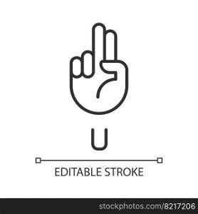 Letter U sign in ASL pixel perfect linear icon. Words visualization by gestures. Communication. Thin line illustration. Contour symbol. Vector outline drawing. Editable stroke. Arial font used. Letter U sign in ASL pixel perfect linear icon