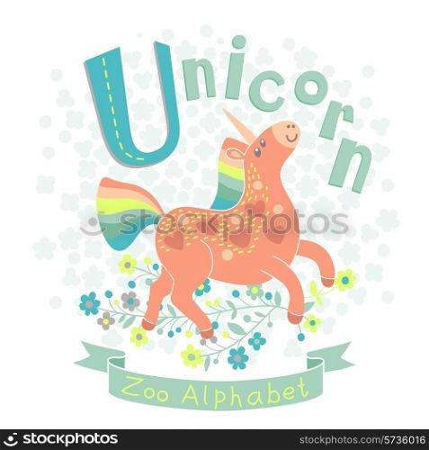 Letter U - Unicorn. Alphabet with cute animals. Vector illustration.