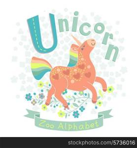 Letter U - Unicorn. Alphabet with cute animals. Vector illustration.