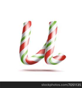 Letter U Vector. 3D Realistic Candy Cane Alphabet Symbol In Christmas Colours. New Year Letter Textured With Red, White. Typography Template. Striped Craft Isolated Object. Xmas Art Illustration. Letter U Vector. 3D Realistic Candy Cane Alphabet Symbol In Christmas Colours. New Year Letter Textured With Red, White. Typography Template. Striped Craft Isolated Object. Xmas Art