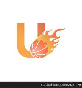 Letter U with basketball ball on fire illustration vector