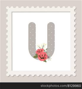 Letter U with flowers. Floral alphabet font uppercase