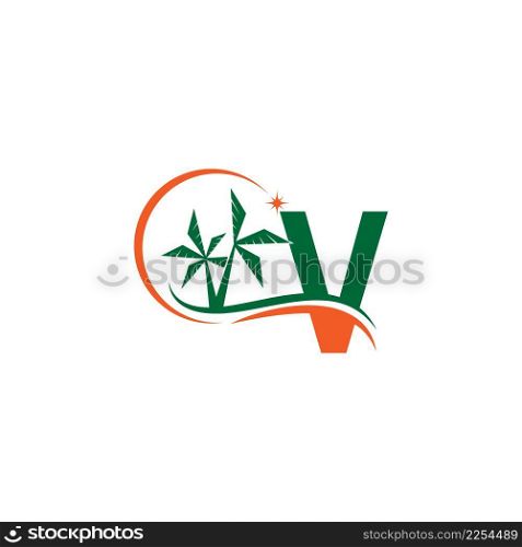 Letter V blends with coconut trees by the beach at night template