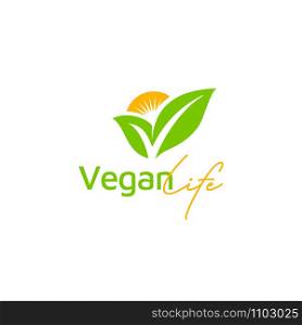 Letter V for Vegan Vegetable Vegetarian Veggie, Check Mark Tips Logo design with Natural Plant Leaf and Sun