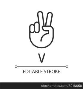 Letter V in ASL system pixel perfect linear icon. Sound visualization by gestures. Communication. Thin line illustration. Contour symbol. Vector outline drawing. Editable stroke. Arial font used. Letter V in ASL system pixel perfect linear icon