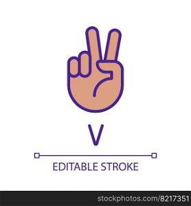 Letter V in ASL system pixel perfect RGB color icon. Sound visualization by gestures. Communication. Isolated vector illustration. Simple filled line drawing. Editable stroke. Arial font used. Letter V in ASL system pixel perfect RGB color icon