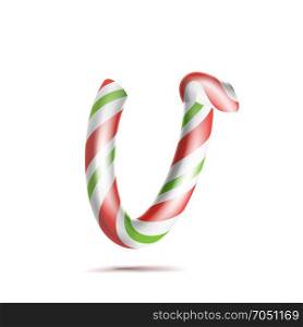 Letter V Vector. 3D Realistic Candy Cane Alphabet Symbol In Christmas Colours. New Year Letter Textured With Red, White. Typography Template. Striped Craft Isolated Object. Xmas Art Illustration. Letter V Vector. 3D Realistic Candy Cane Alphabet Symbol In Christmas Colours. New Year Letter Textured With Red, White. Typography Template. Striped Craft Isolated Object. Xmas Art