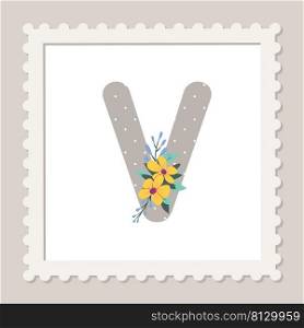 Letter V with flowers. Floral alphabet font uppercase