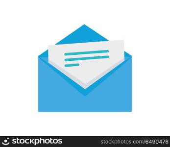 Letter vector icon in flat style. Blue envelope with sticking sheet of paper with text. For SMS and email services, postal services app icons, logo and web design. Isolated on white background. Envelope with Letter Flat Style Vector Icon . Envelope with Letter Flat Style Vector Icon
