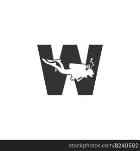 Letter W and someone scuba, diving icon illustration template